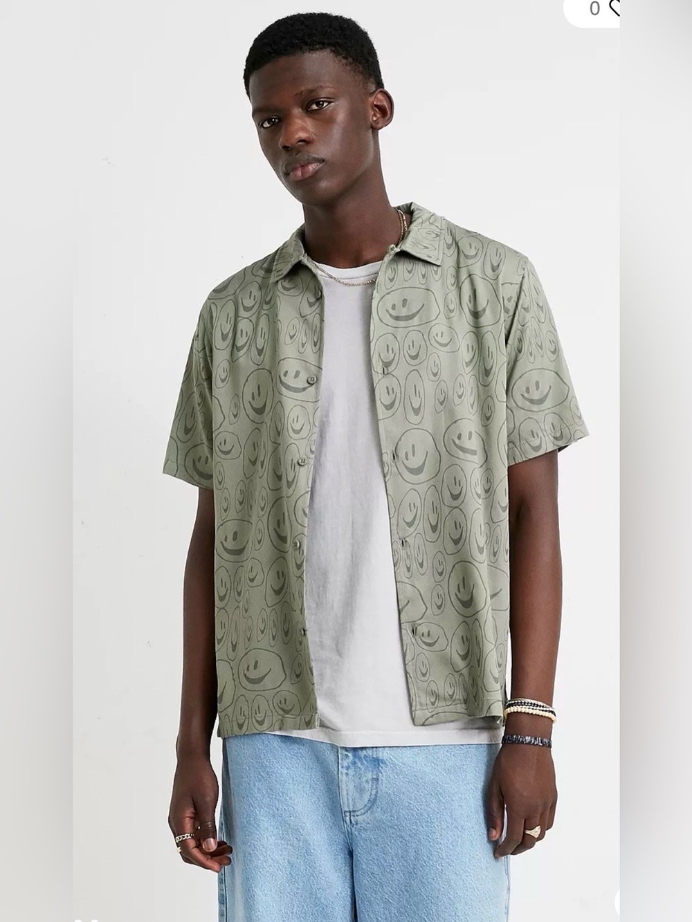 Lazy Oaf Olive Short-Sleeve Smiley Face Button-Down Bowling Shirt XS Unisex